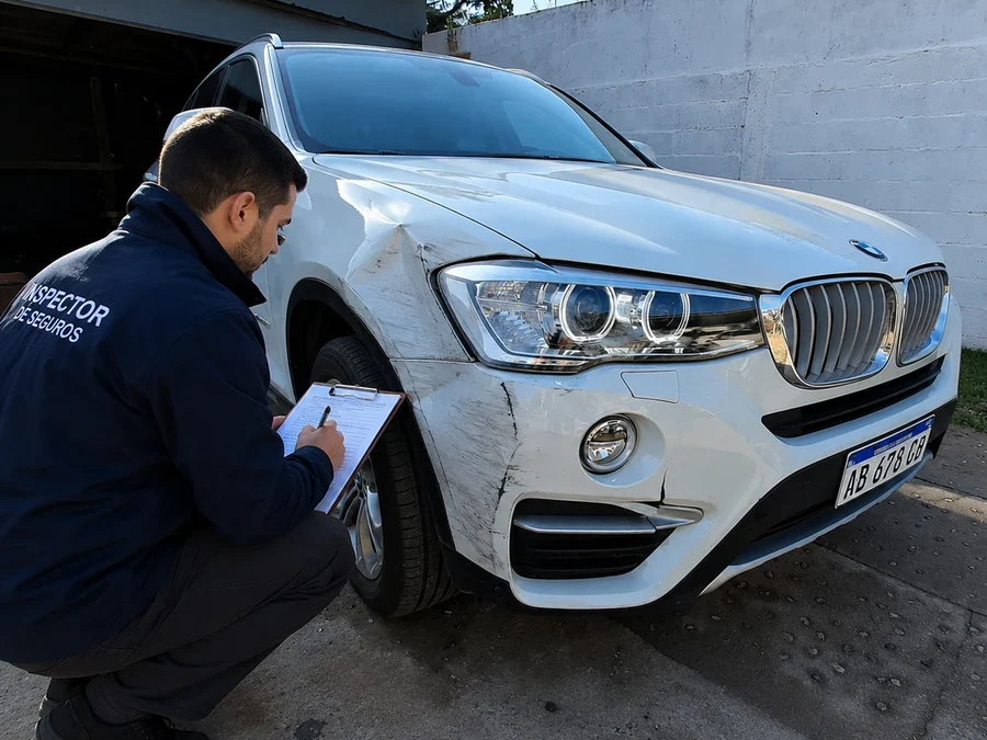 Inspector de seguros revisando un vehículo antes de la reparación